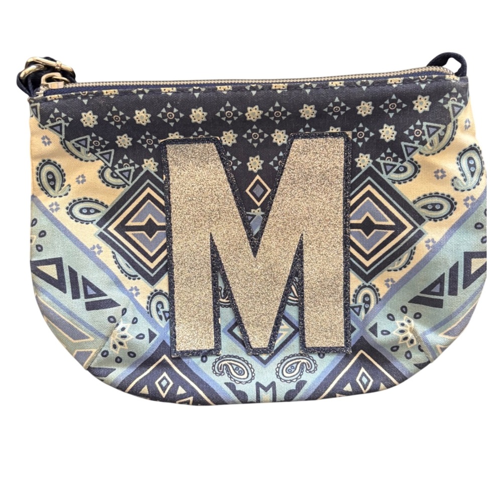 Justice Crossbody Bag Girls Blue Paisley Glitter Initial M Bandana Print NEW